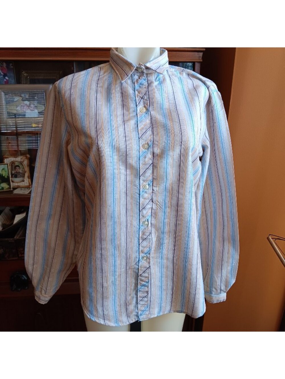 True Vintage Boho Top Medium Striped Button-Down Shirt Pastel Blue/Beige 70s